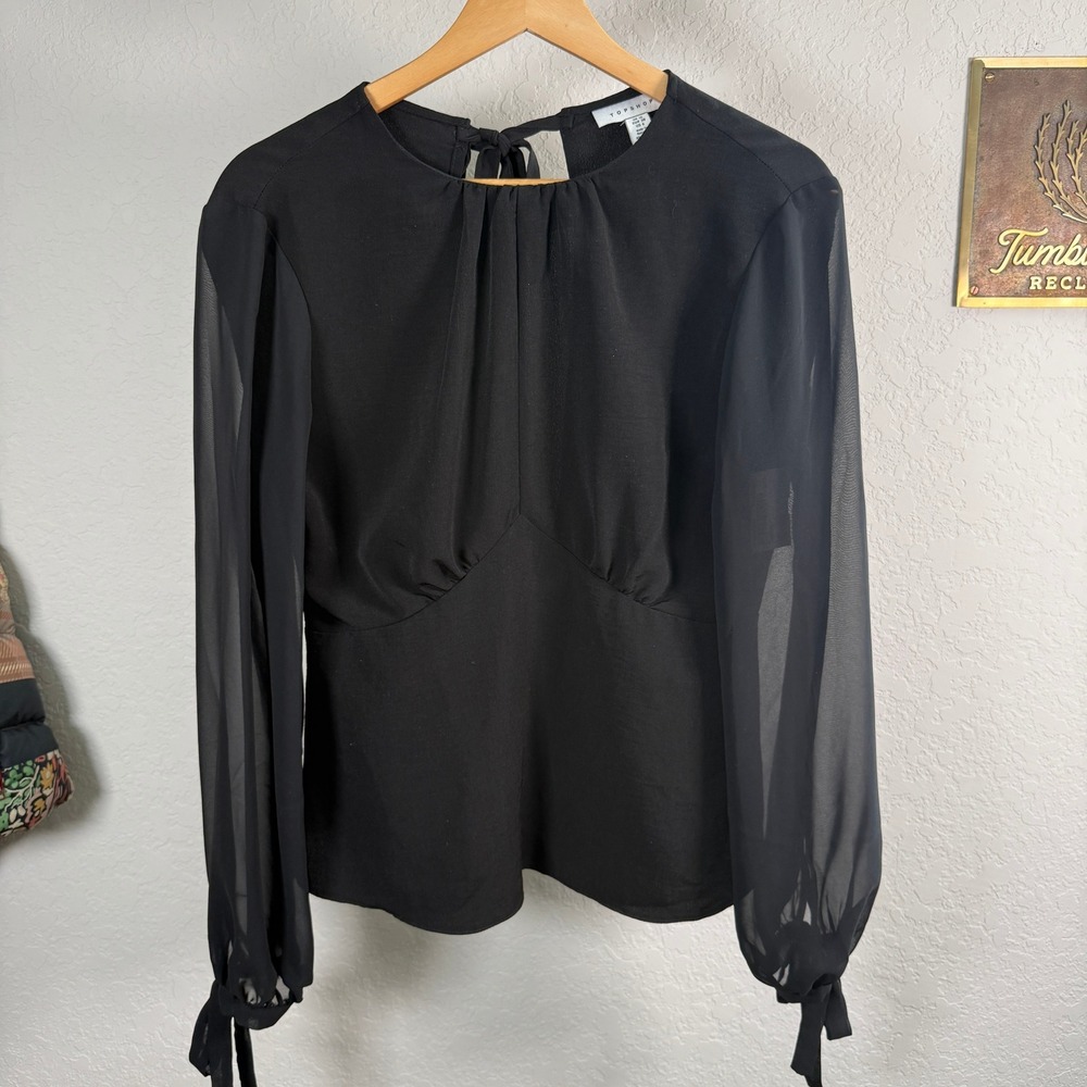 Topshop Womens Black Sheer‎ Sleeve Open Back Tie Neck Peplum Blouse Top US 6